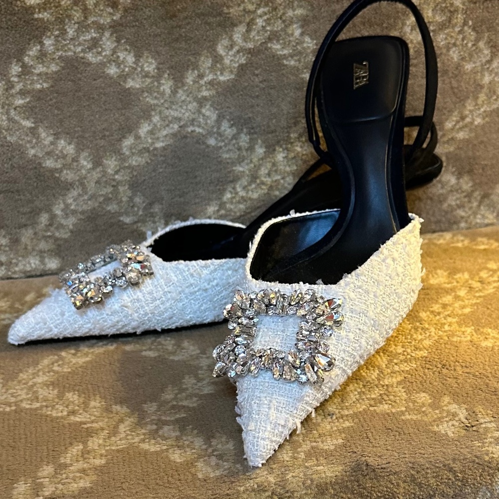 Zara Slingbacks White Tweed and Black Kitten Heels